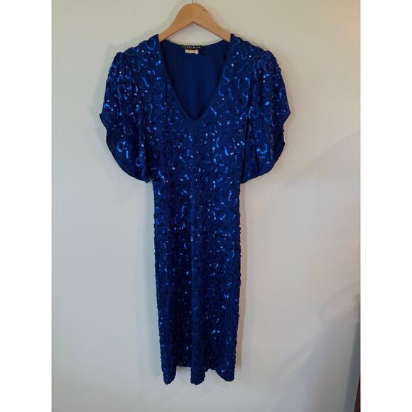 Cache Vintage Criscione Short Sleeve Sequin Midi Dress Blue Women's Size Medium